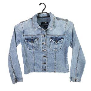 Womens Kut From The Kloth Cropped Blue Denim Jacket Raw Hem Button Up Size L